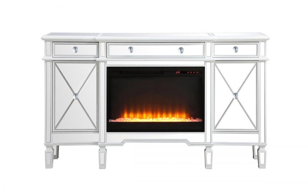 Contempo 60 In. Mirrored Credenza with Crystal Fireplace in Antique White