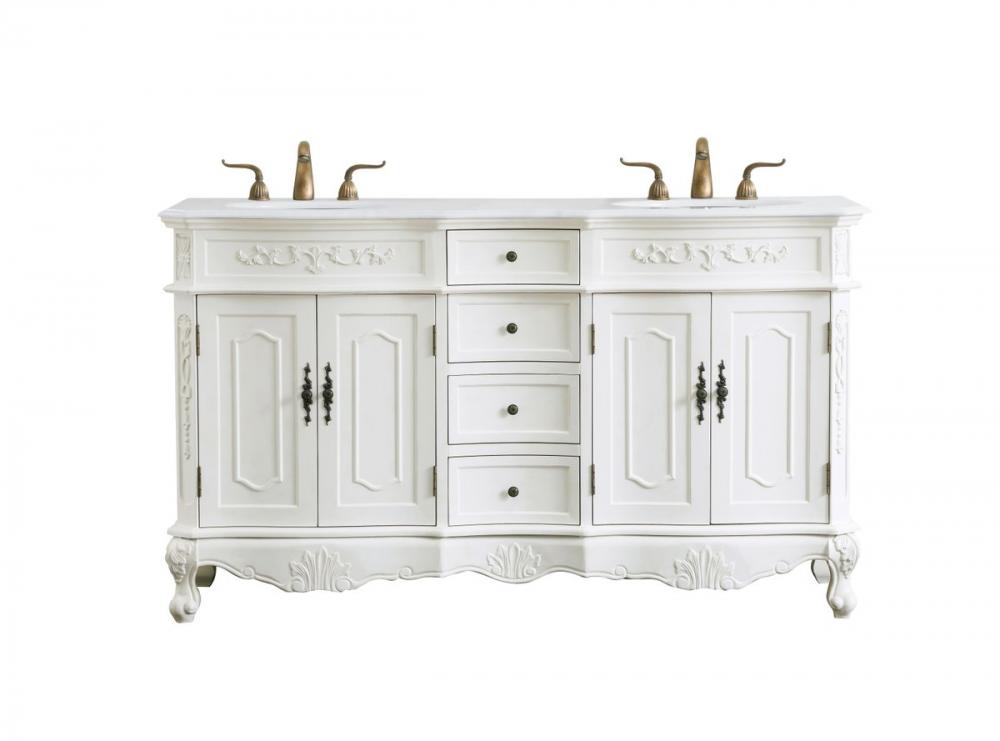 60 Inch Double Bathroom Vanity in Antique White with Ivory White Engineered Marble