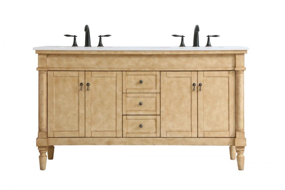 60 Inch Double Bathroom Vanity in Antique Beige with Ivory White Engineered Marble
