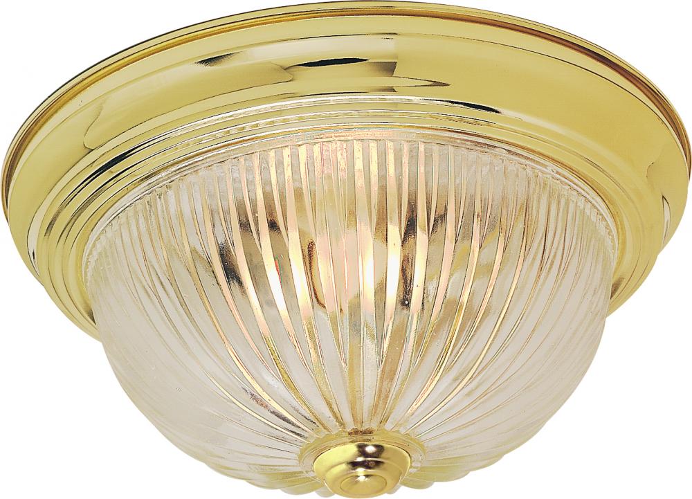 2 Light - 11" Flush with Clear Ribbed Glass - Polished Brass Finish